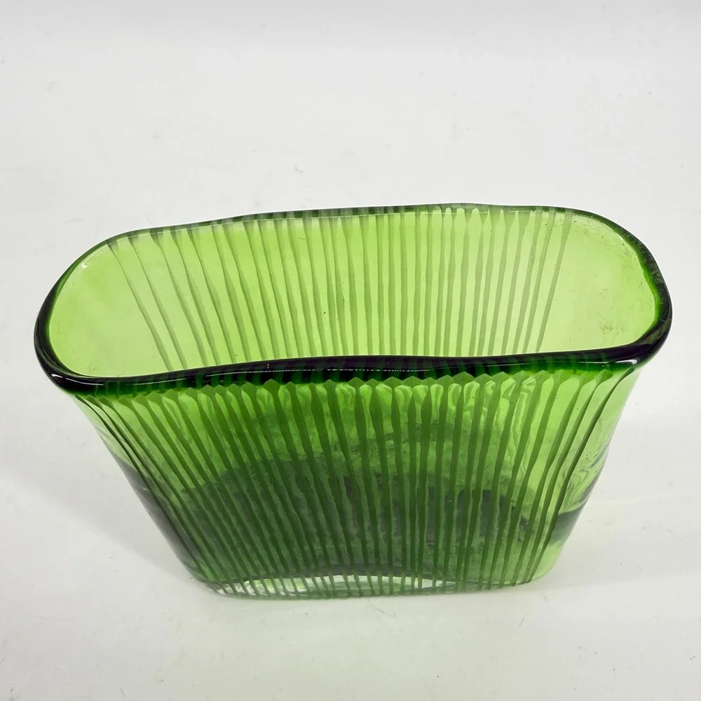 Art Glass Vase Decorative Vase Green Ribbed Hand Blown Slim Rectangular Fluted
